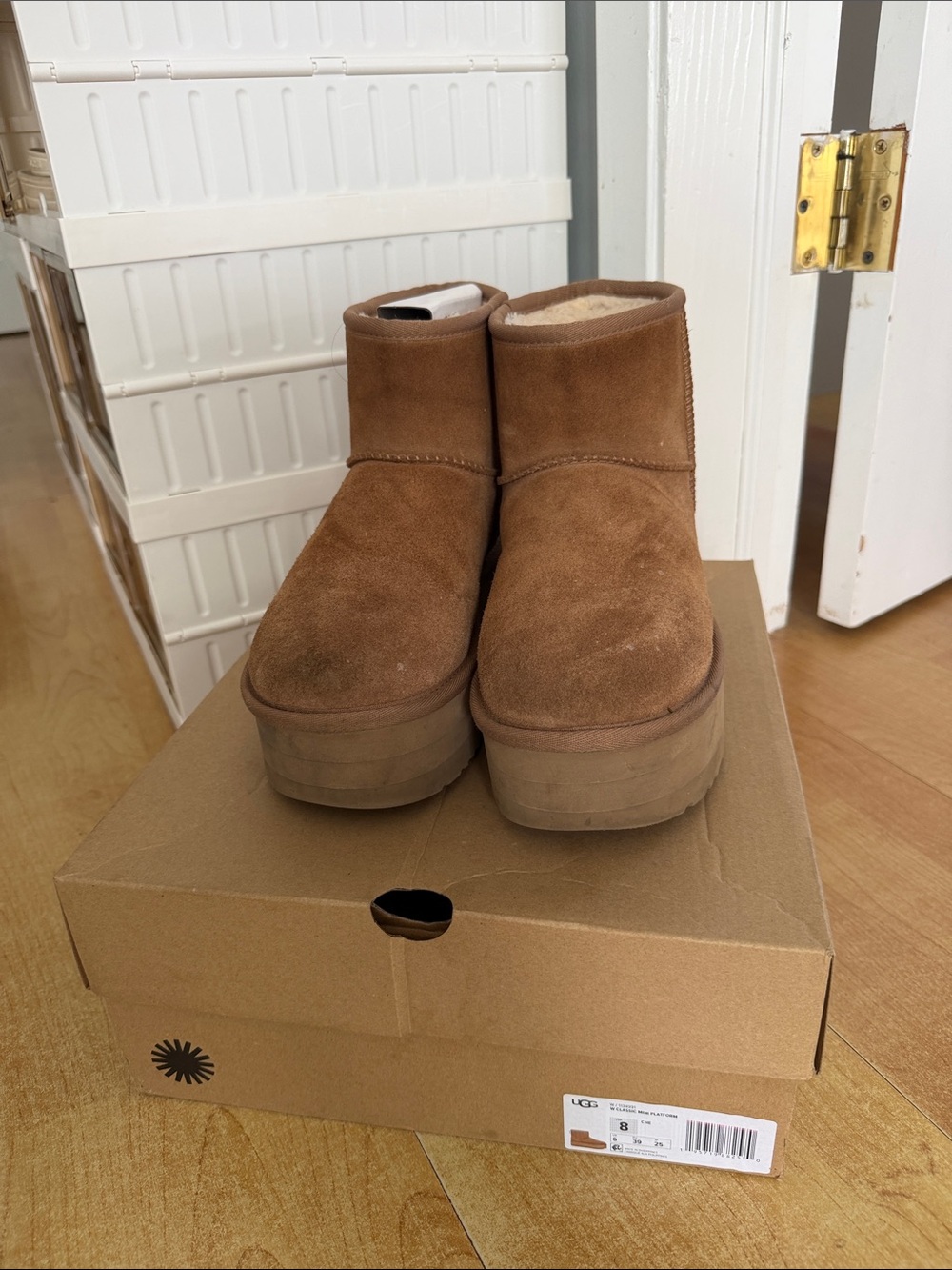 UGG Chestnut Suede Short Platform Shearling Boots